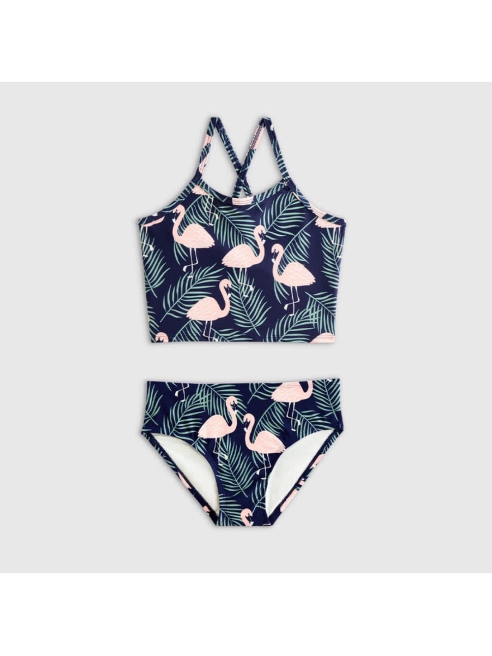 NWT QUINCE Tankini Swimsuit Girls Size 7 Flamingo Palm 8554